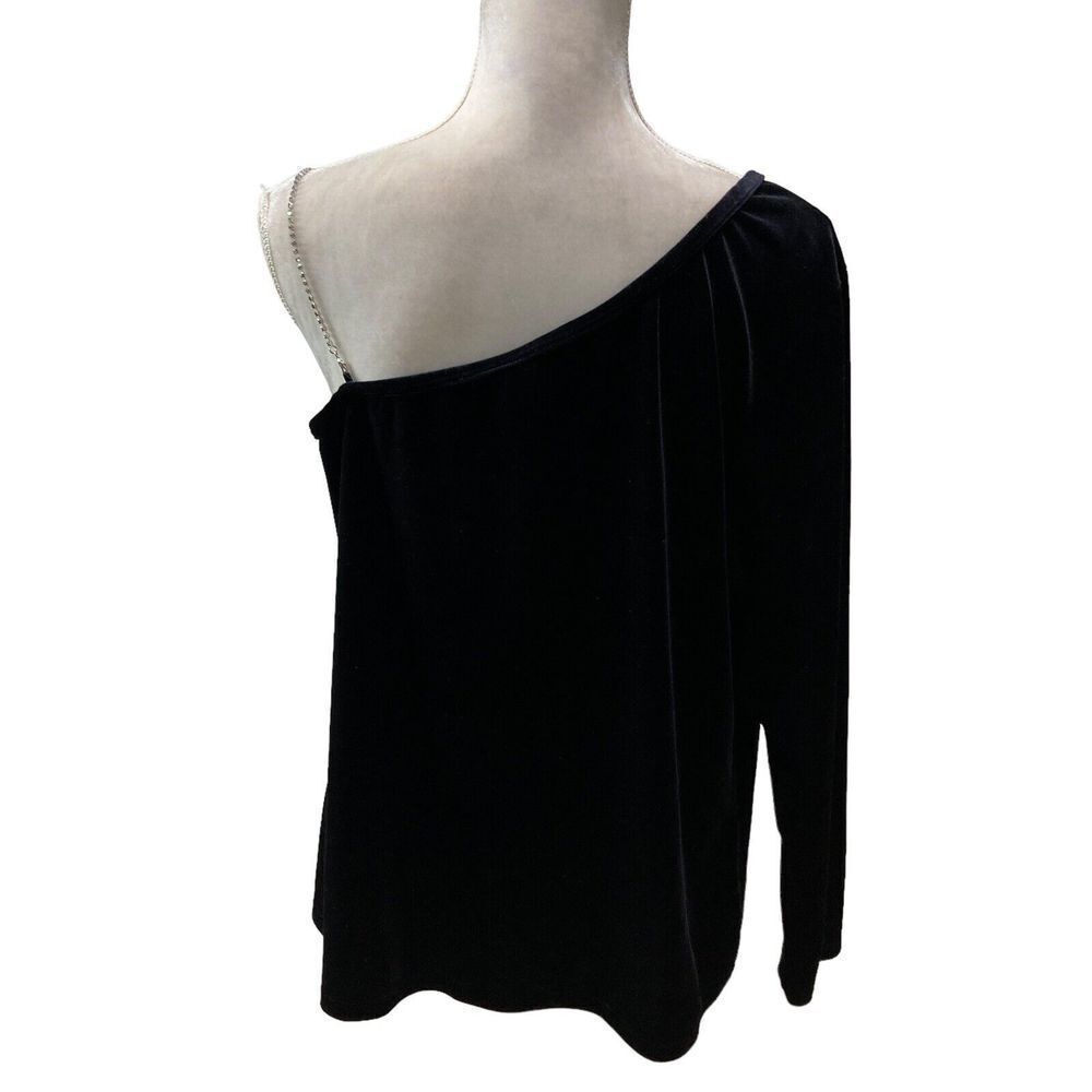 Venezia 18/20 XXL Women's Black Velvet Party Top Shirt one Sleeve Rhinestone USA - Picture 4 of 13